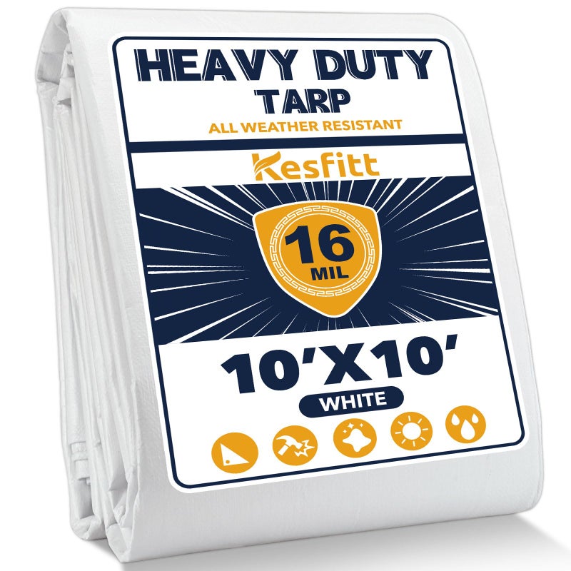 Kesfitt Tarp Heavy Duty Waterproof 10x10FT,16 Mil Thick Tarps Tear&Fade Resistant,UV Resistant,Poly Tarp Cover with Grommets and Reinforced Edges for Outdoor Camping Pools Boat Car(White) - Image 1